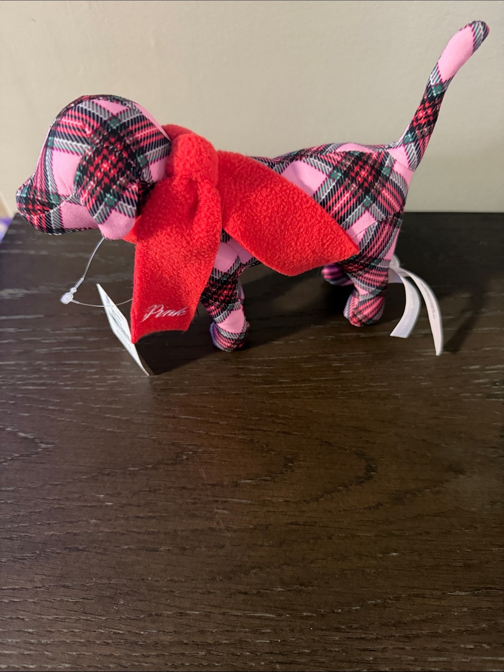 PINK Victoria's Secret Pink Plaid Dog Figurine with Red Scarf